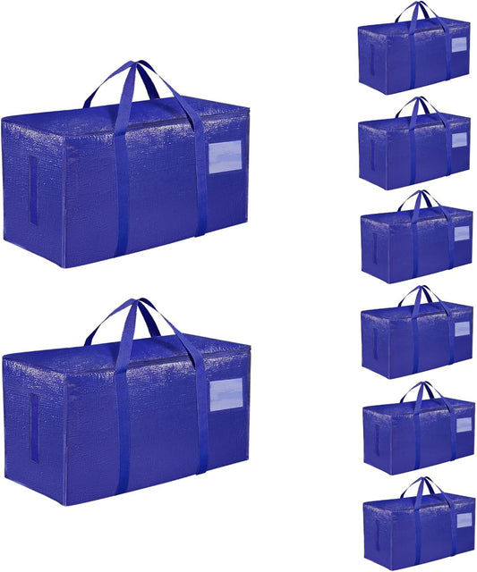 8 Pack-Extra Large Heavy Duty Moving Bags - Waterproof Storage Totes with Handles & Zippers, Foldable for College Dorm, Storage (Blue)