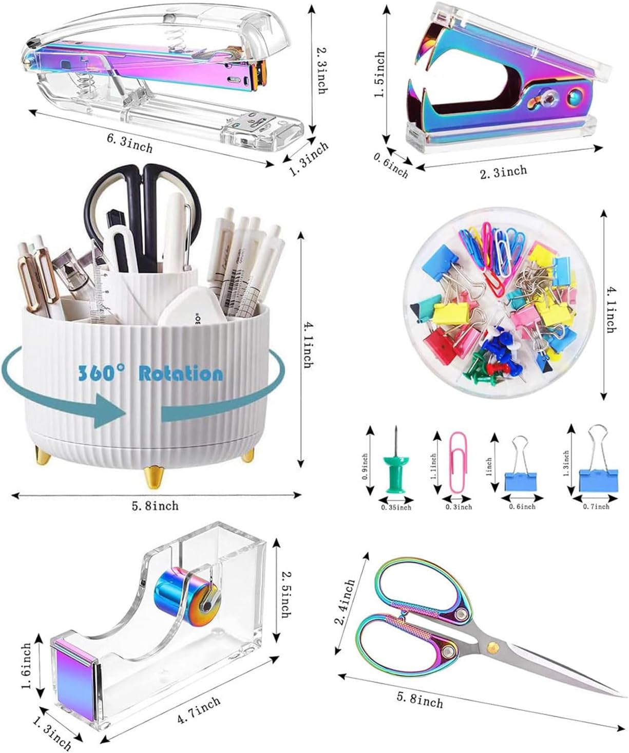 Desk Organizers and Accessories Set with 360-Degree Rotating Pen Holder, Acrylic Stapler, Tape Holder, Staple Remover, Binder/Paper Clips Kit, Scissor and 1 Box of Staples