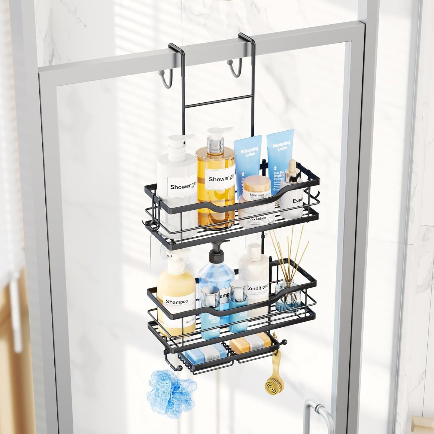Consumest Over The Door Shower Caddy - 3 Tier Shower Shelves Hanging with Soap Holders, Large Capacity Shower Organizer with 6 Hooks, Bathroom Rack and Storage, Black