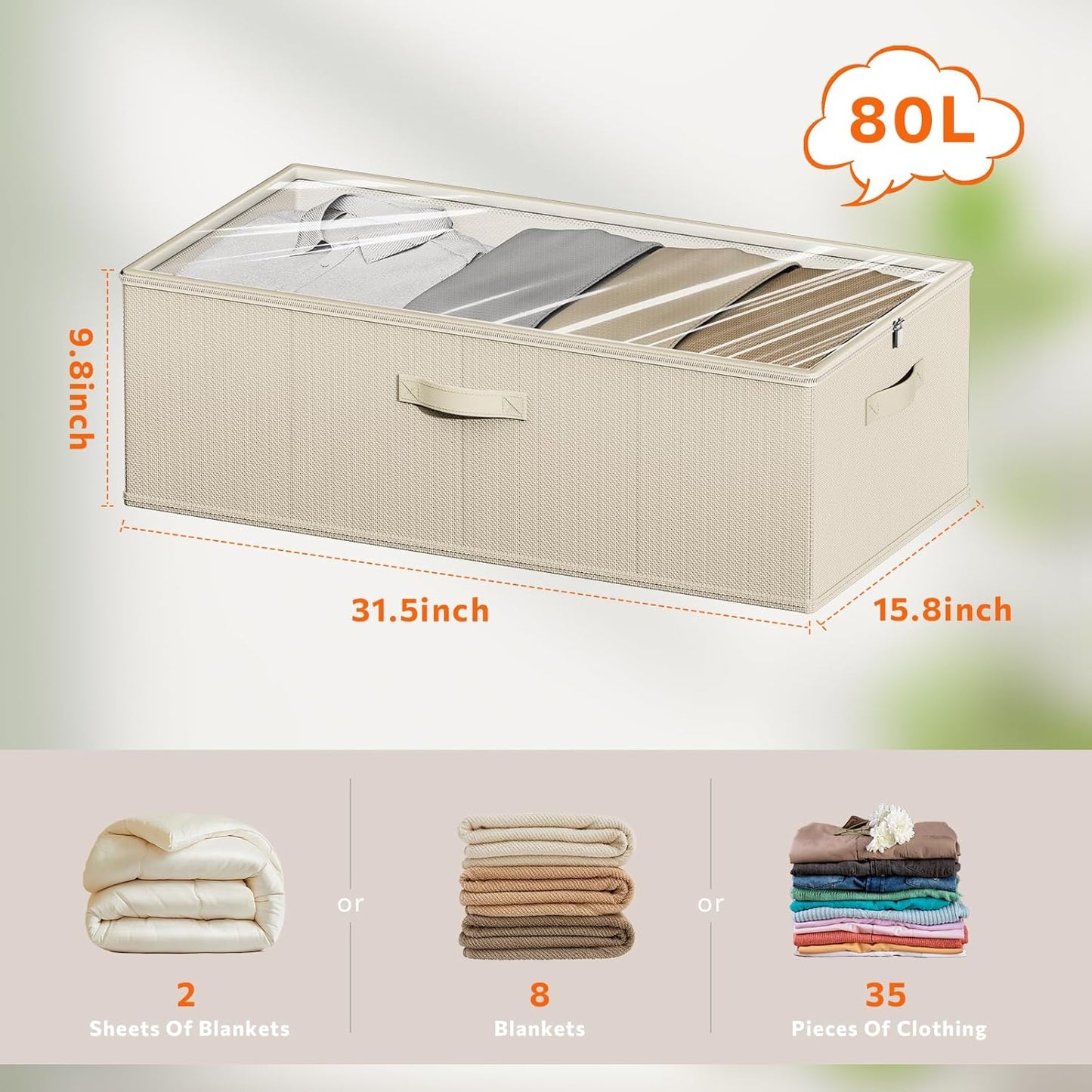 2 Pack Under Bed Storage Containers, 10 Inch Tall Underbed Clothes Storage Organizer Bin with Clear Window，Foldable Box Basket for Clothes, Closet, Bed Sheets and Blankets Beige