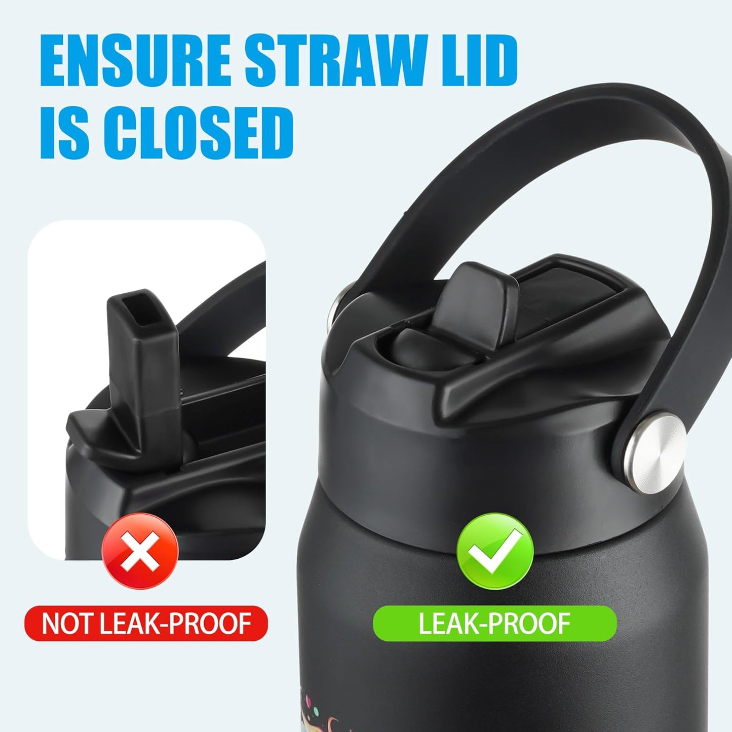 OLDLEY kids Water Bottle - 18oz Insulated Stainless Steel - Wide Straw Lid, Non Spill, Leakproof, Kids Water Bottle for School,Black Unicorn