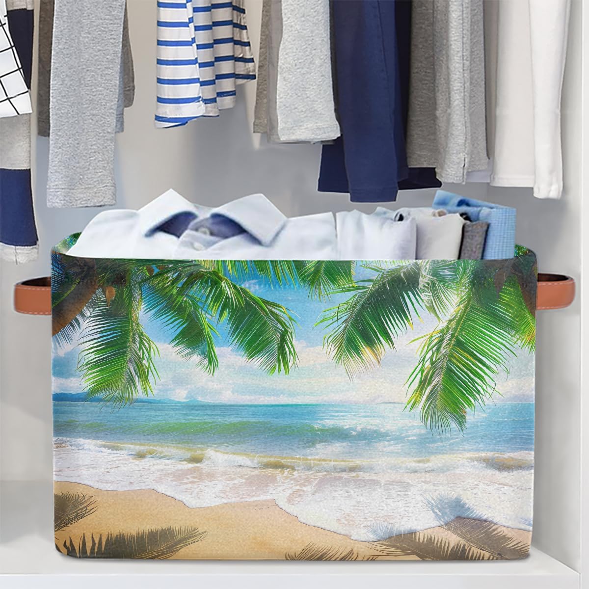 Beach Tropical Coconut Tree Storage Basket for Shelves, Storage Bins with Handles, Collapsible Basket for Organizing, Closet Toy Baskets for Nursery Room, 15x11x9.5 in, Canvas, Summer Beach