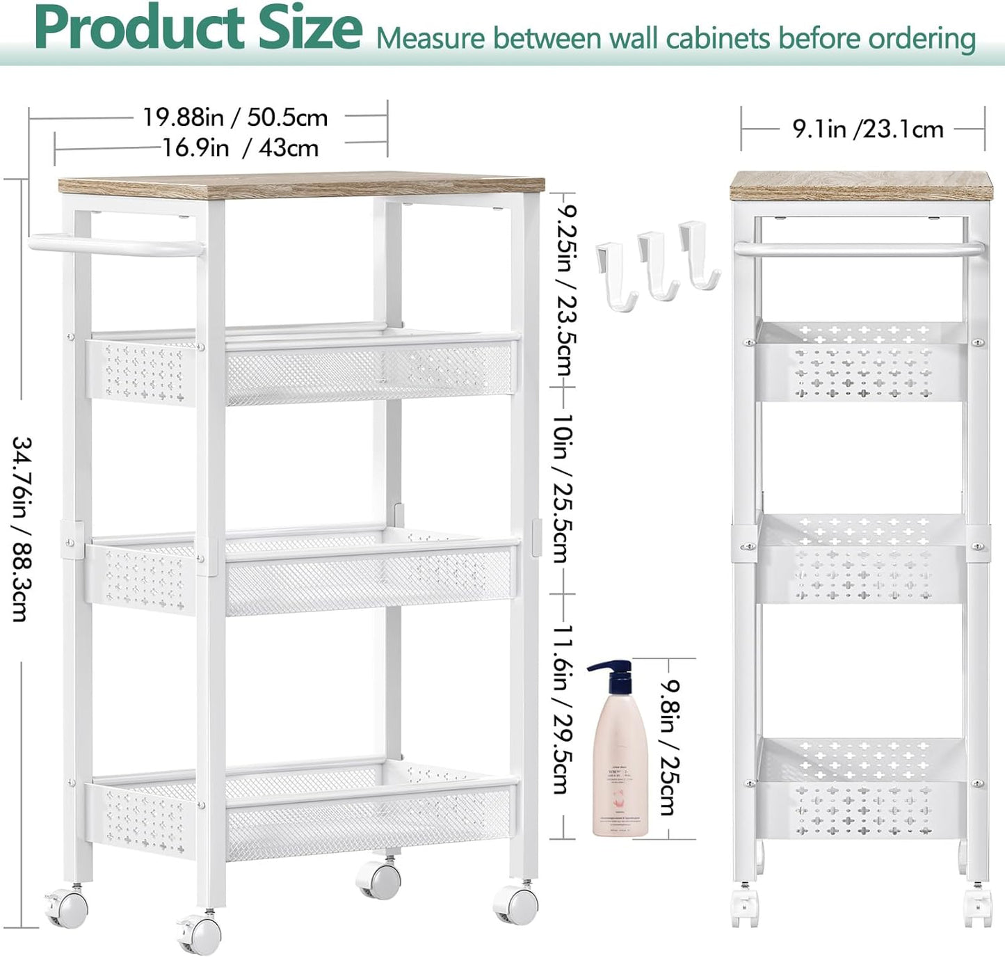 Utility Slim Storage Cart with Wheels, 4 Tier Small Rolling Cart with Wood Top, Metal Kitchen Bathroom Laundry Room Organization Trolley with Handle for Narrow Space - White