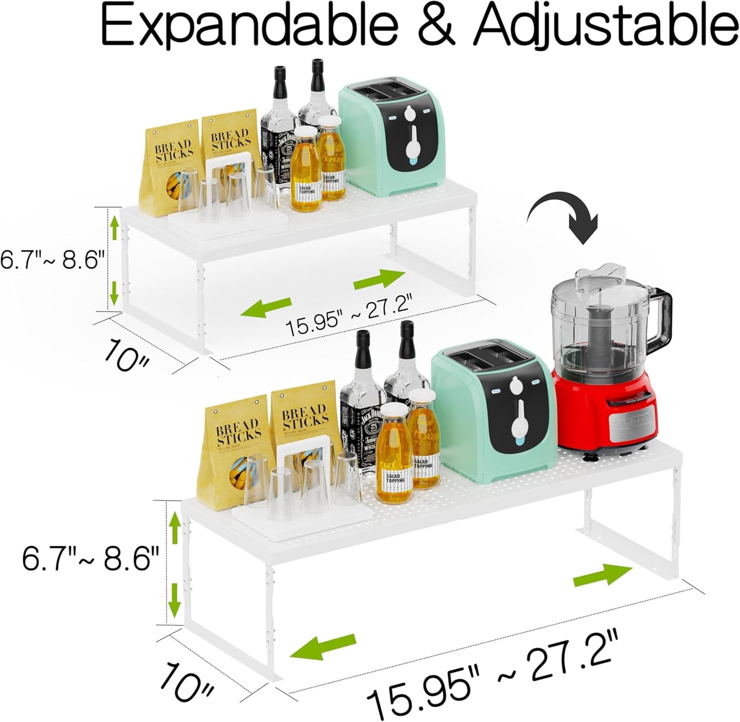 Adjustable Stackable Metal Storage Shelf Organizer - Expandable Wire Rack with Perforations for Kitchen, Pantry, Bathroom, Cabinet & Office-Compact, Durable & Sturdy (1PACK/Large/White)