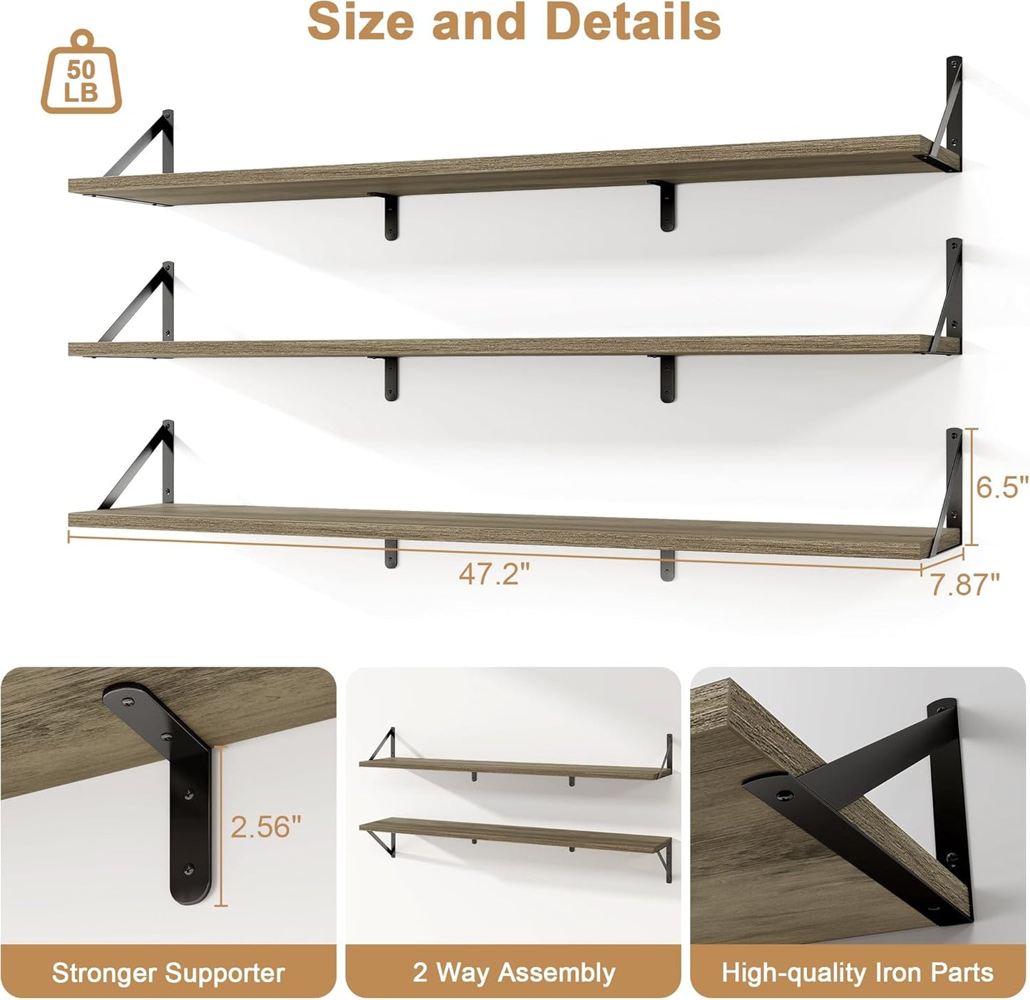 Fun Memories Extra Long Floating Wall Shelves, 48 x 8 Inches, Set of 3 Large Wood Floating Bookshelves with Metal Brackets for Storage & Display (Grey)