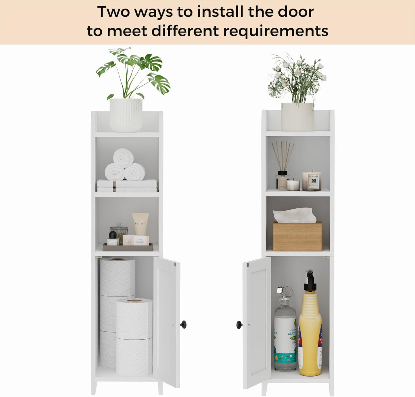 Homhedy Small Bathroom Storage Corner Floor Cabinet with Door and Shelves, Beside The Toilet Paper Stand for Skinny, Narrow Toilet Paper Cabinet, 9.8" D x 7.9" W x 31" H, White