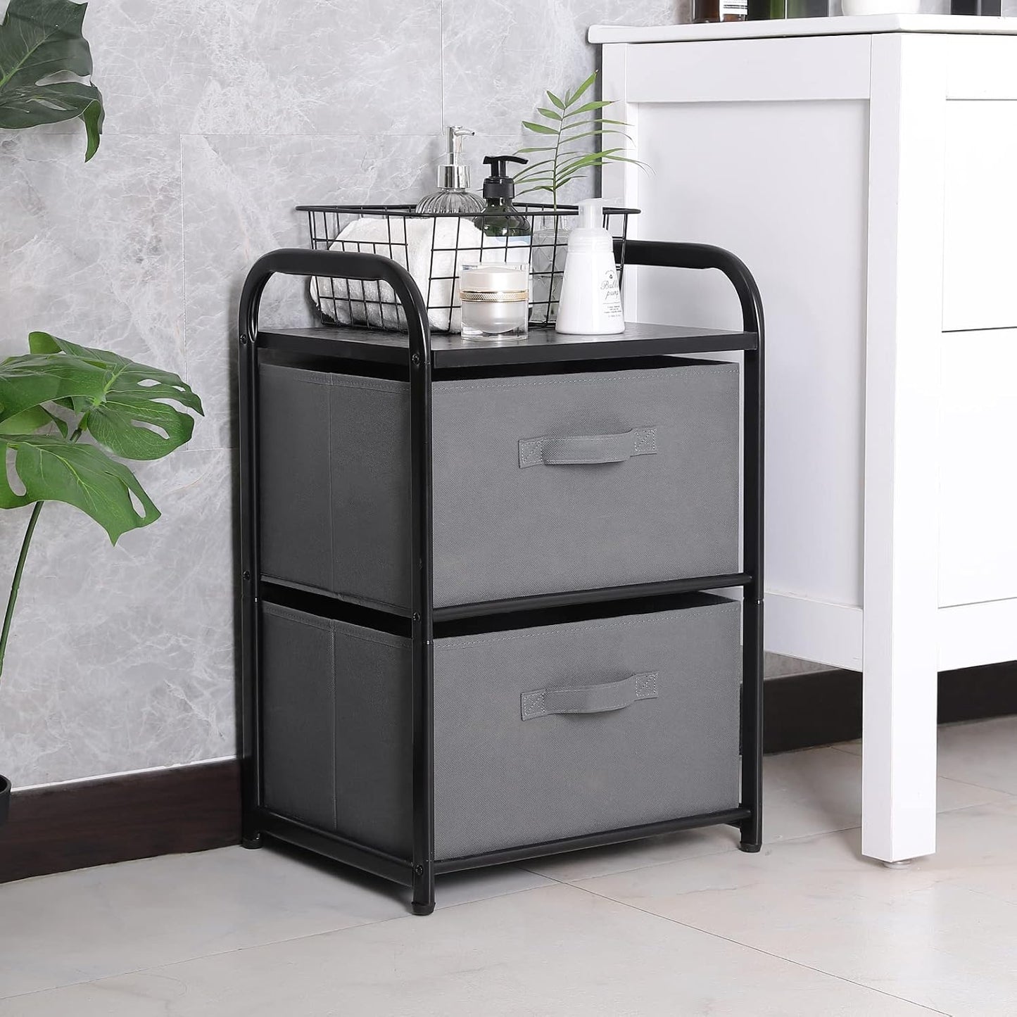 Dresser for Bedroom with 2 Drawers, Wide Chest of Drawers, Fabric Dresser, Storage Organizer Unit with Fabric Bins for Closet, Living Room, Hallway, Nursery, Dark Grey