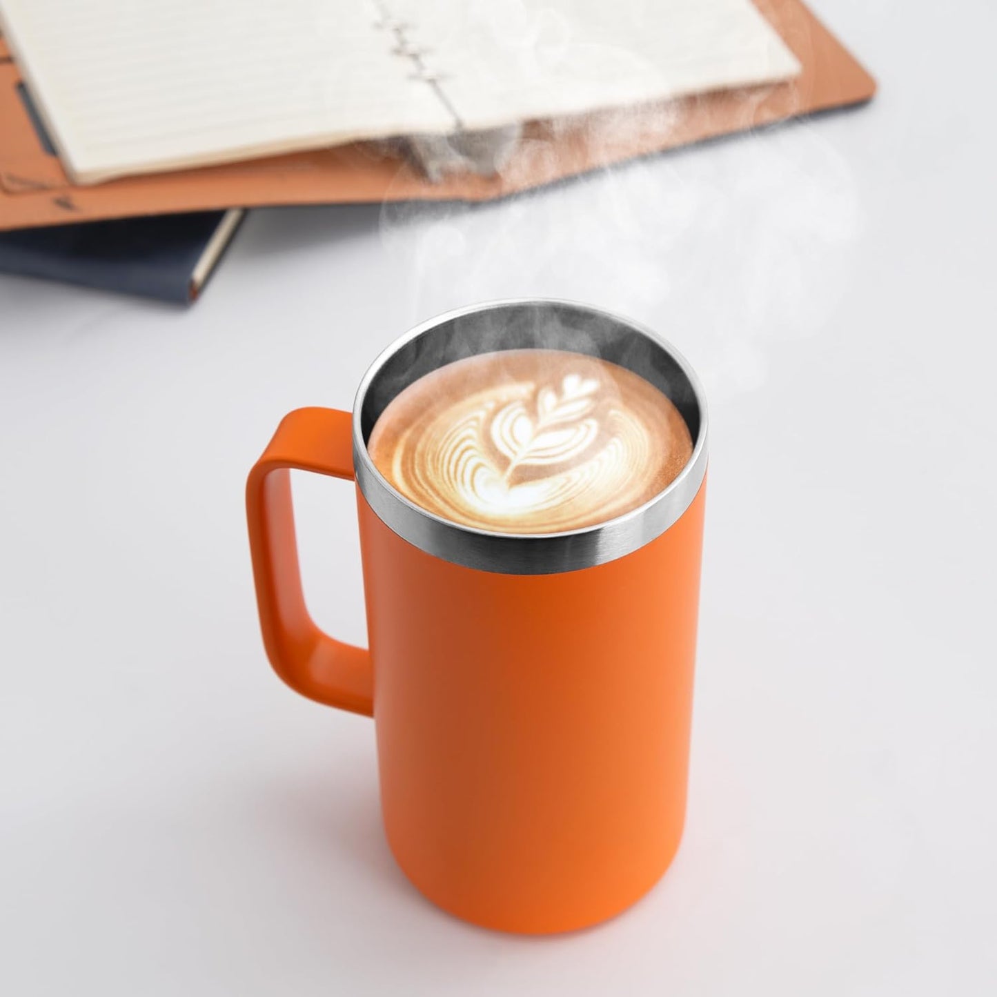 DOMICARE 24oz Mug with Handle and Lid, Stainless Steel Coffee Mug, Travel Mug with Handle, Double Wall Vacuum Coffee Tumbler, Reusable Insulated Cup, Orange, Pack 4