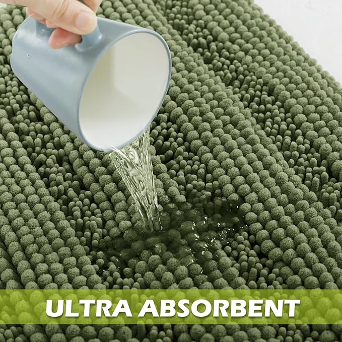 KGORGE Bath Mat for Bathroom Soft Non-Slip Rugs 60" x 24" Cozy Shaggy Durable Thick Chenille Rugs Water Absorbent Quick Drying Shower Carpet for Toilet, Sage Green, 1 Pc