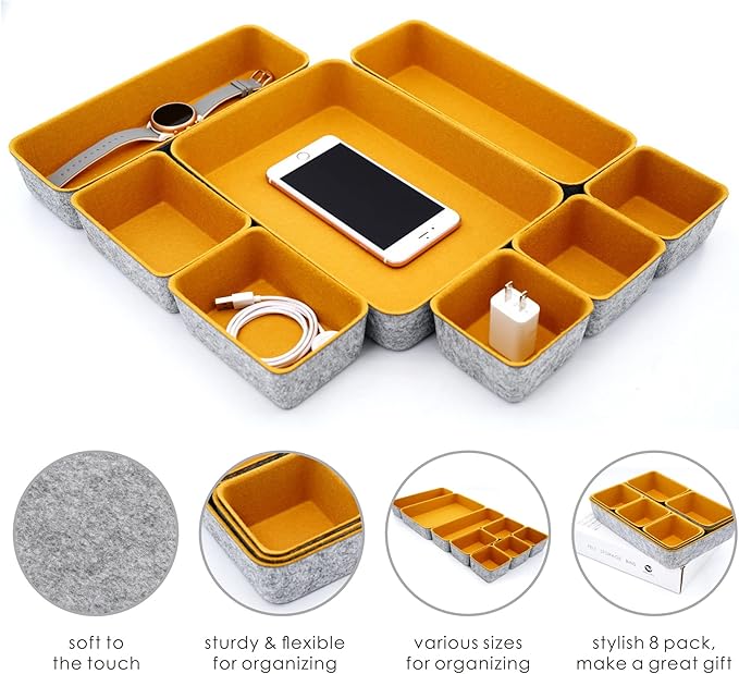 Welaxy desk drawer organizers tray felt storage bin for office suppliers entryway catchall key holder makeup crafts pens decluttering 8-piece fall gift (Curry)