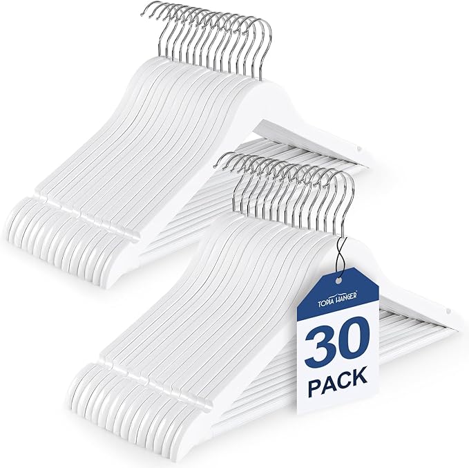TOPIA HANGER Wooden Coat Hangers 30 Pack, White Wood Suit Hangers with Non Slip Pants Bar, 360° Swivel Hook and Shoulder Notches for Camisole, Jacket, Pants, Smooth Finish Clothes Hangers -CT34W30