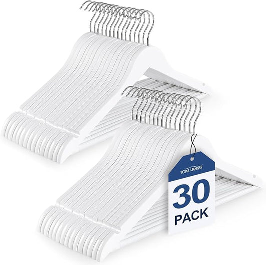 TOPIA HANGER Wooden Coat Hangers 30 Pack, White Wood Suit Hangers with Non Slip Pants Bar, 360° Swivel Hook and Shoulder Notches for Camisole, Jacket, Pants, Smooth Finish Clothes Hangers -CT34W30