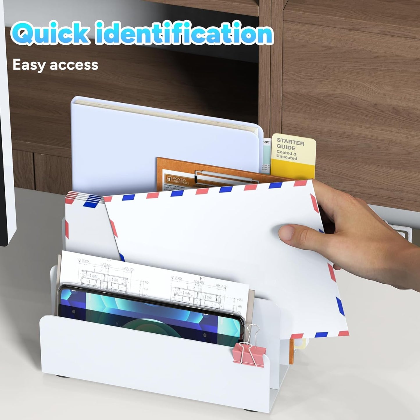 Mail Organizer Countertop, Small Desk File Organizer, Metal File Holder - Essential Workspace Organizers for Office Desk, Home Office (White)