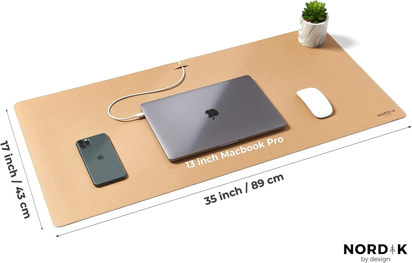 Nordik Leather Desk Mat Cable Organizer - Champagne Beige 35 X 17 inch - Premium Extended Mouse Mat for Home Office Accessories - Non-Slip Vegan Leather Desk Pad Protector & Desk Blotter Pad