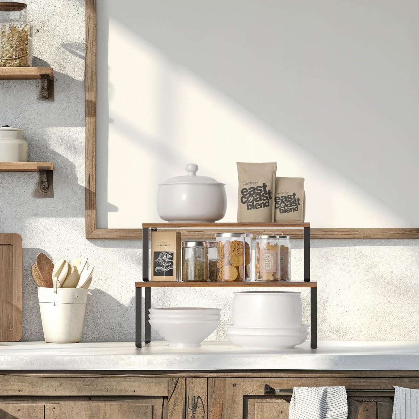 NEX Kitchen Cabinet and Counter Shelf Organizer, Stackable & Expandable, Set of 4, Black and Rustic Brown - 7.7 x 15.6 x 6.2''