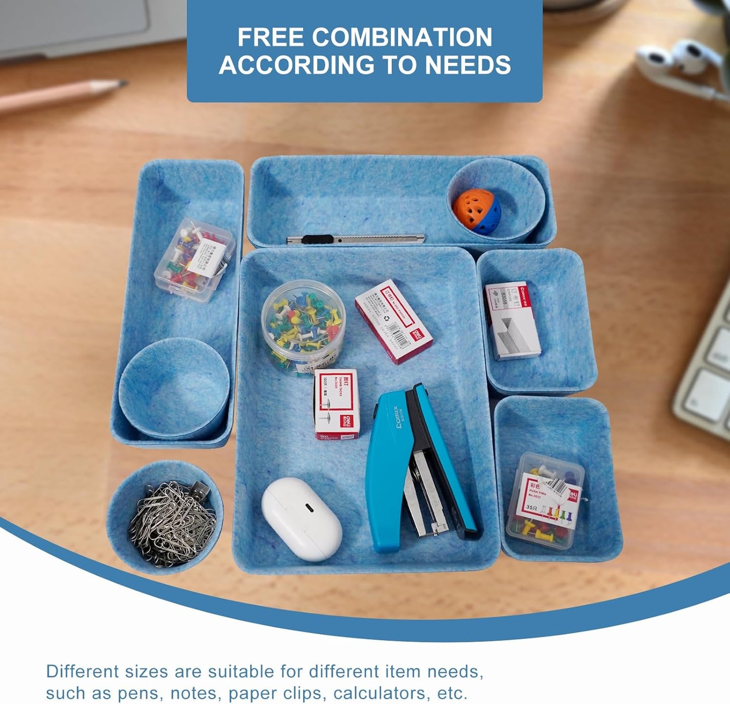 Felt Desk Drawer Organizer Tray,8 Pack Office Desk Drawer Dividers,Felt Drawer Small Round Storage Box For Saving Space,Makeup Drawer Organizer Bins.(Blue)