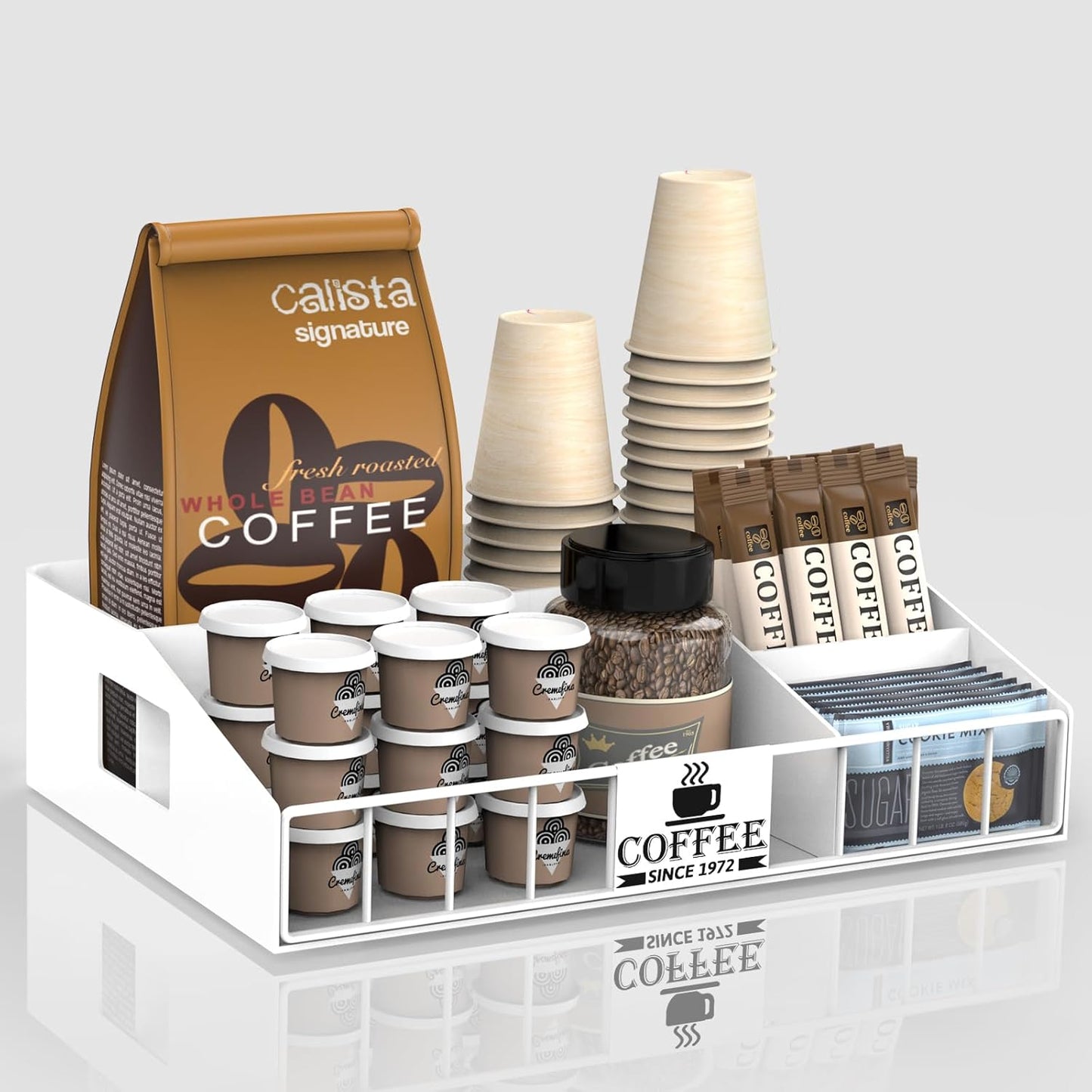 Metal Coffee Station Organizer for Countertop - Coffee Bar Organizer with Designable DIY Logo, K Cup Pods Holder & Tea Condiment Storage - Rustic Breakroom Kitchen Decor in White （1 Pcs）