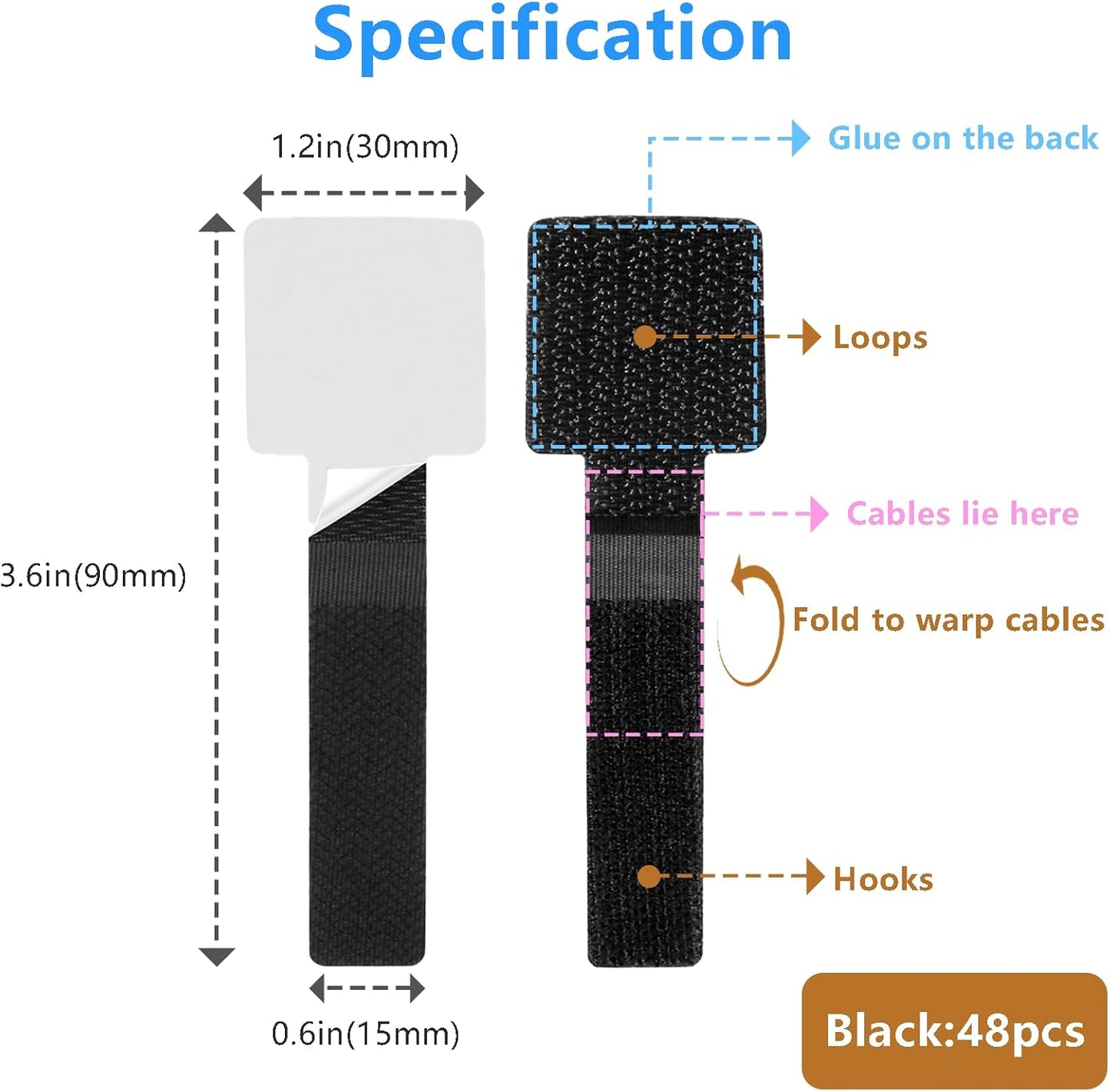 Desk Cable Management, Wire Organizers for Cords - Upgrade 48 PCS Black Sticky Back Self Adhesive Cable Ties, Hook and Loop Straps for Home or Office Use