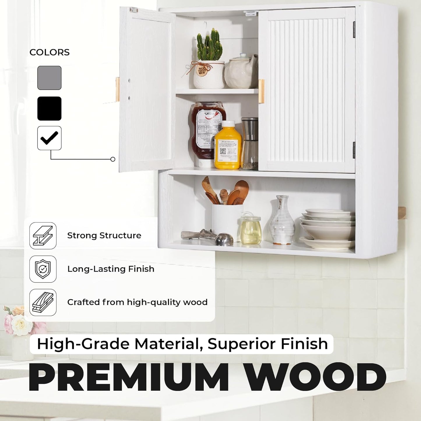 Bathroom Storage Cabinet – Pre-Assembled Wall-Mounted Medicine Cabinet with 2 Doors and Fixed Shelf, Over-The-Toilet Floating Organizer for Bathroom, Living Room, Kitchen, Laundry (White)