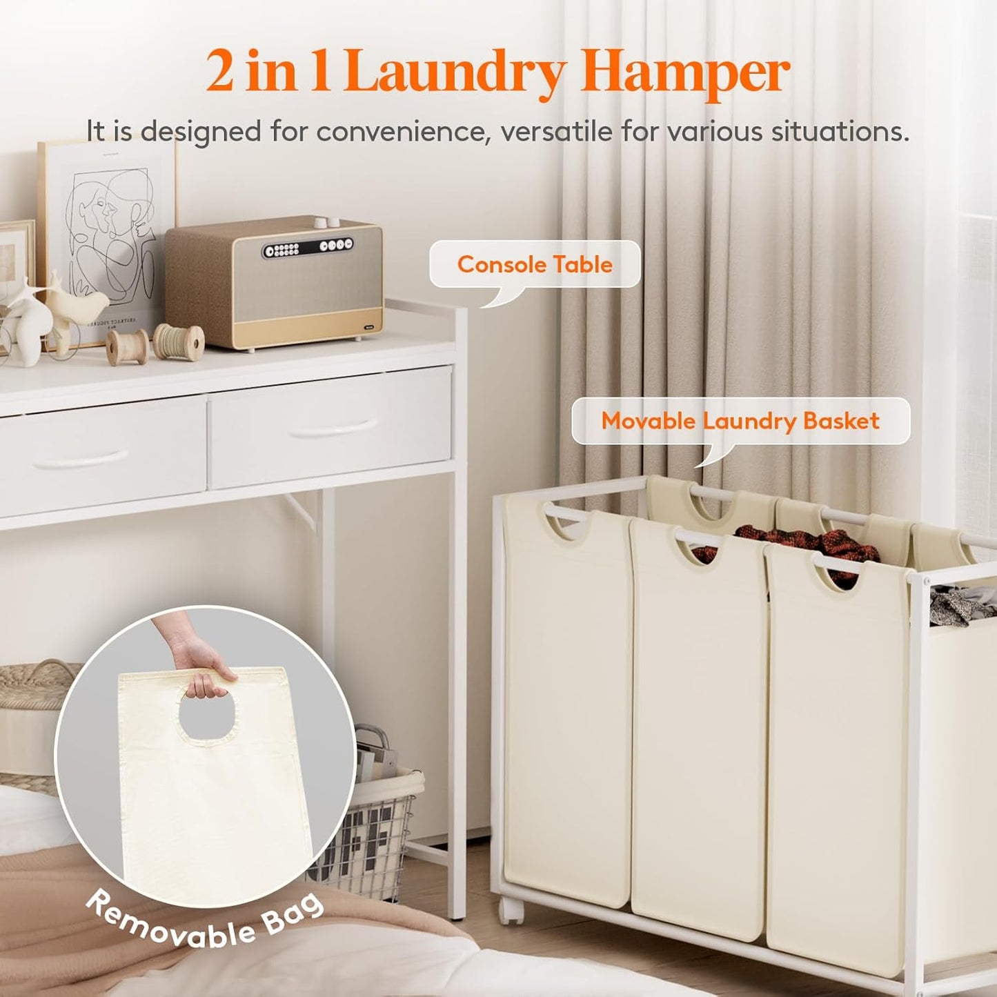 Lifewit Laundry Hamper 3 Section, Large Rolling Laundry Sorter with Shelf & 2 Drawers, Pull-Out Laundry Basket Organizer with Wheels and Removable Bag, White and Beige