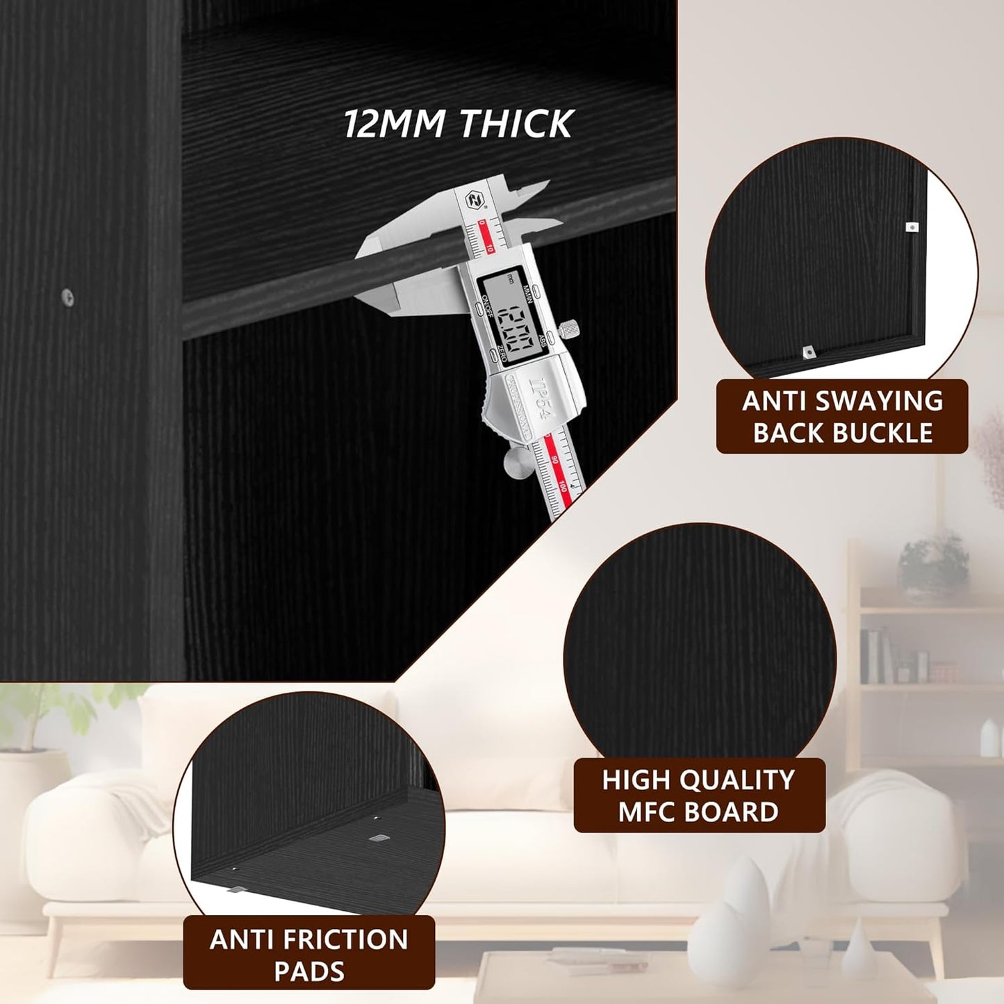 Wooden 5 Cube Storage Organizer, 5 Tier Storage Cubes Storage Display Cubby, 52 Inch Tall Versatile Cubes Shelf and Cubby Organizer for Any Space (Black, 5 Cube-W(11.8inch)