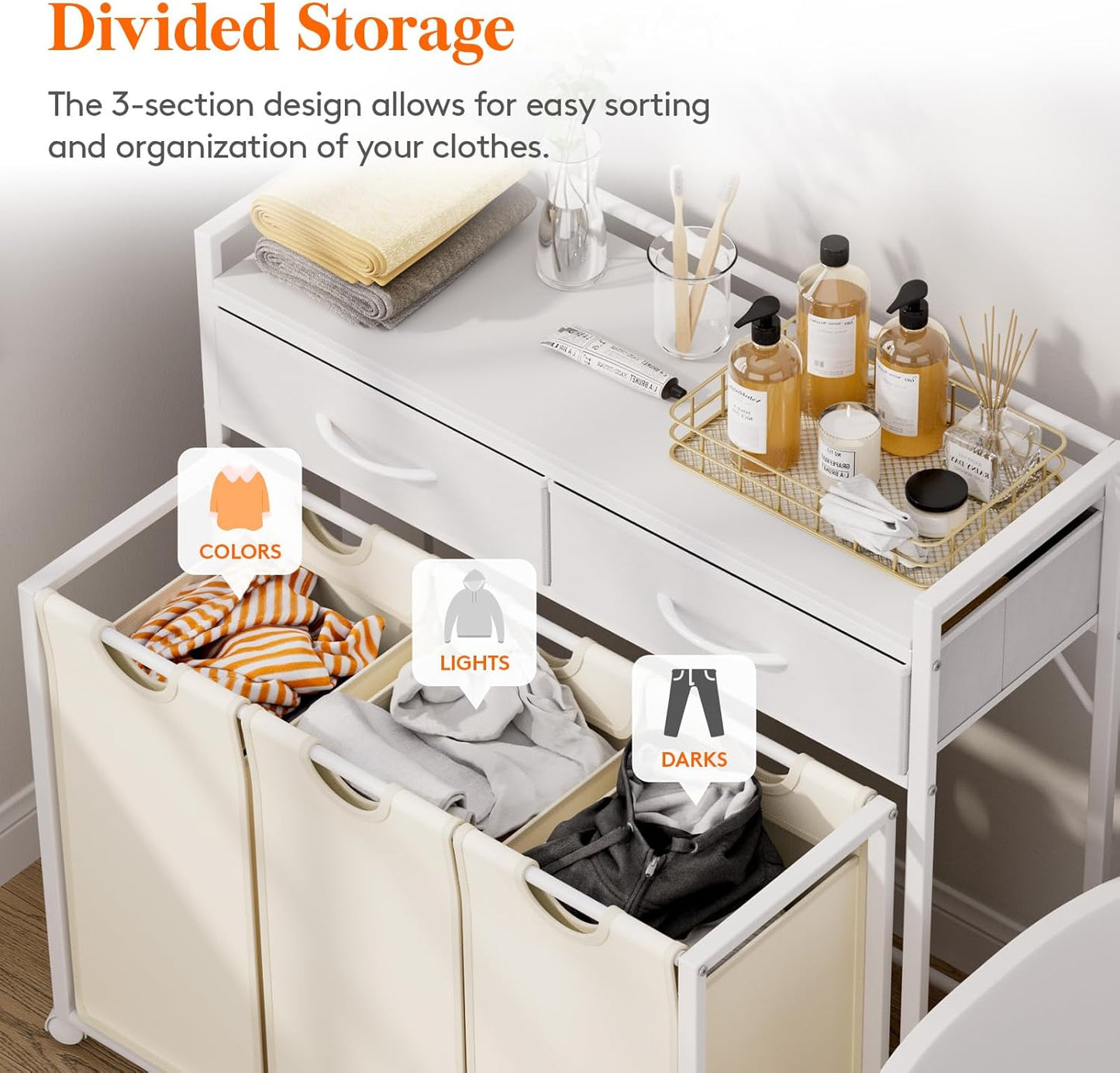 Lifewit Laundry Hamper 3 Section, Large Rolling Laundry Sorter with Shelf & 2 Drawers, Pull-Out Laundry Basket Organizer with Wheels and Removable Bag, White and Beige