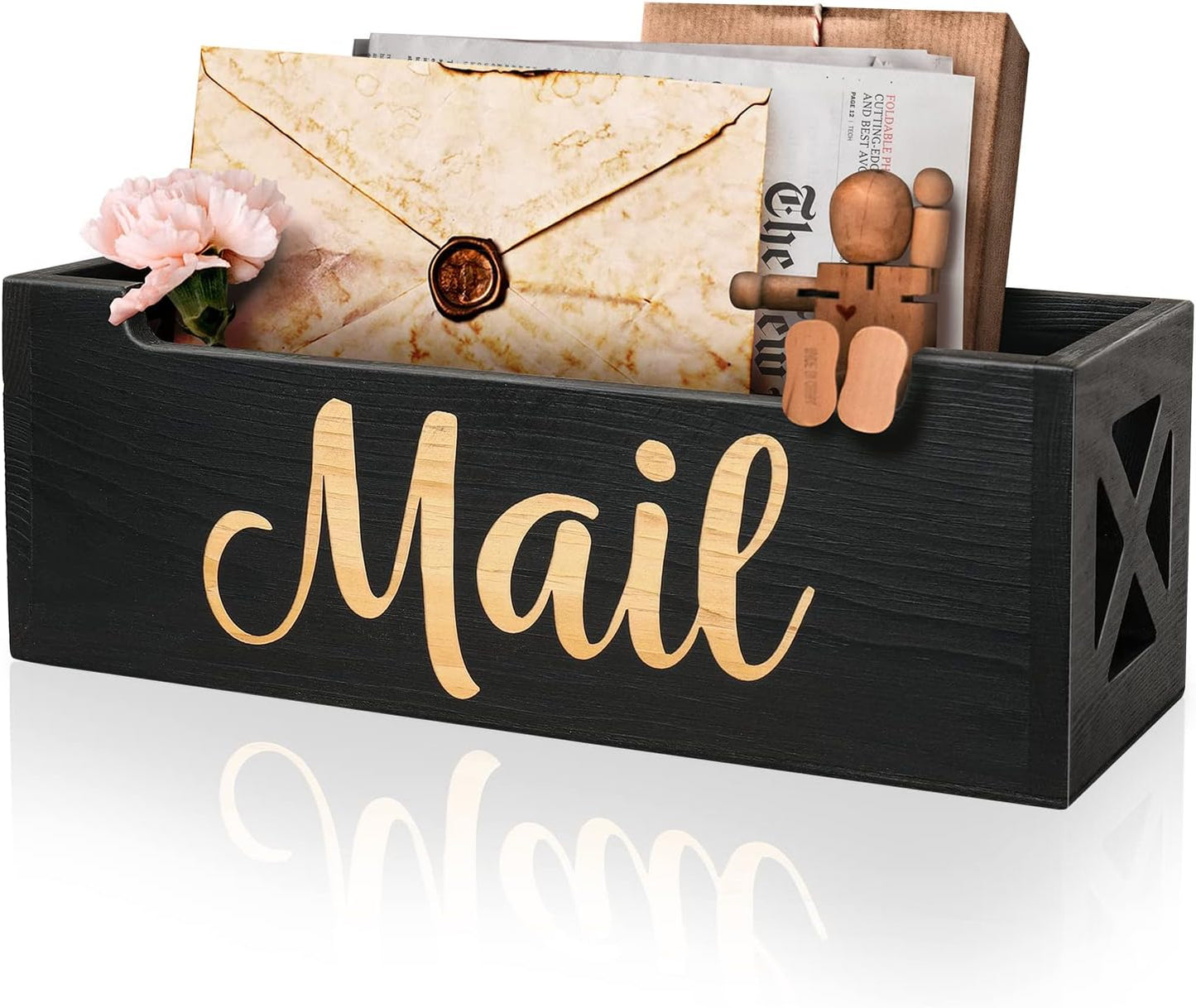 Mail Organizer Mail Holder Countertop, Rustic Wooden Mail Basket Mail Tray Letter Holder Box for Desk Home Office Wall Mount