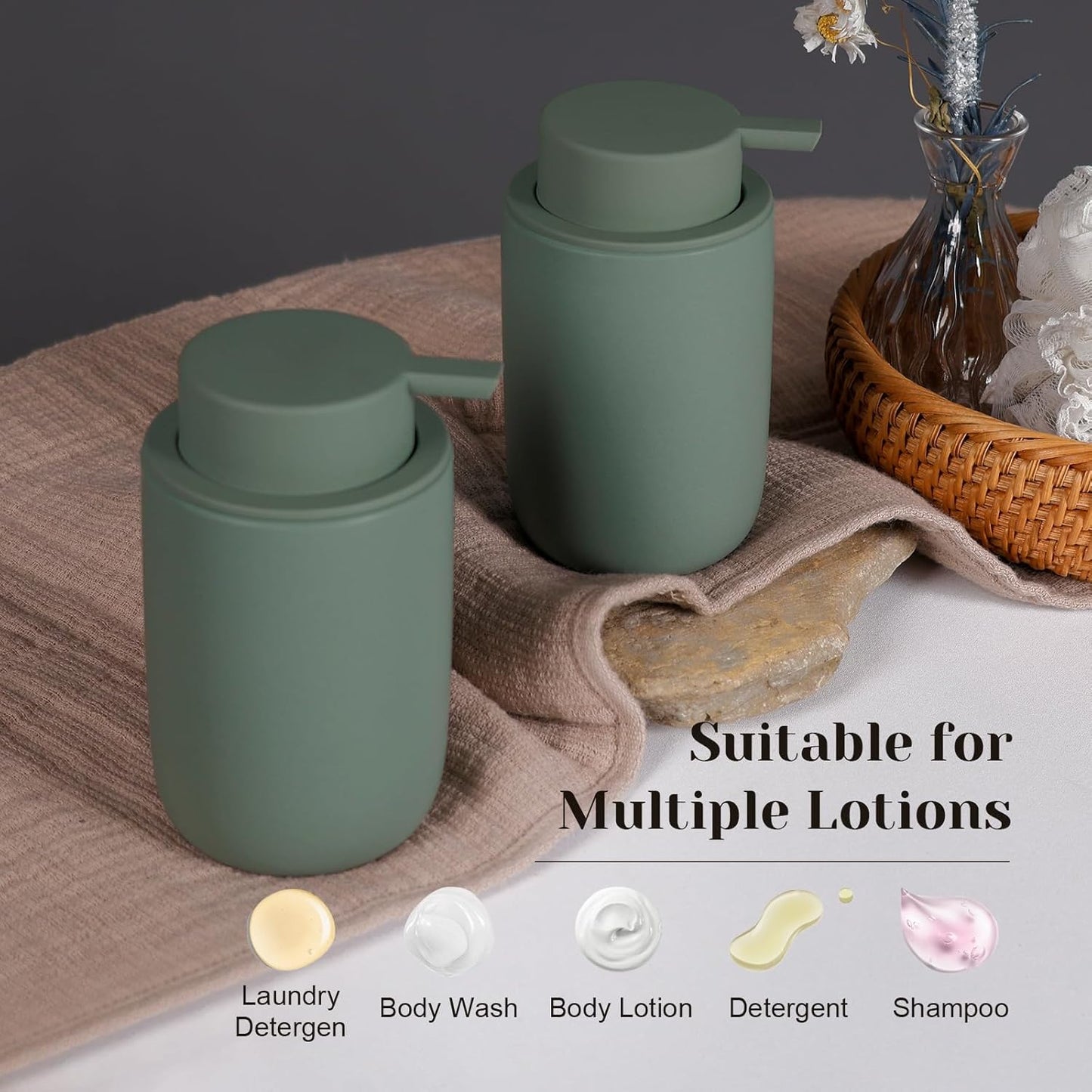 INGOFIN Ceramic Lotion Soap Dispenser Set, 2 Pack (12 oz) Bathroom Hand Soap Dispenser with Pump, Liquid Hand and Dish Soap Dispenser Set, 8 Pcs Clear Stickers, for Kitchen Bathroom-Matte Green