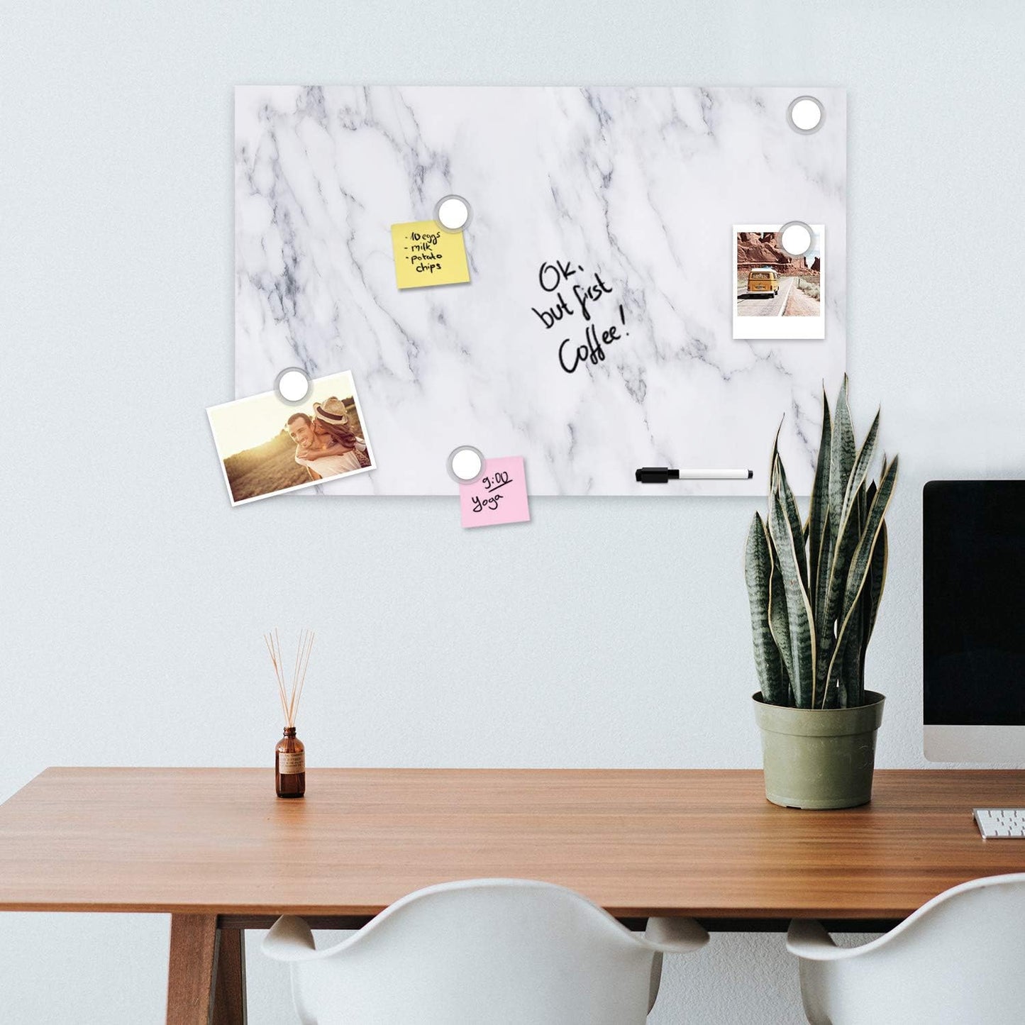 Navaris Magnetic Dry Erase Board - 16 x 24 inches Decorative White Board for Wall with Design, Includes 5 Magnets and Marker - White Marble