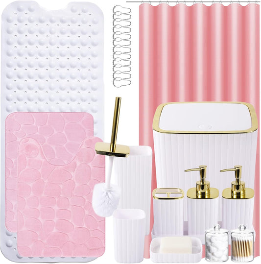 26PC Bathroom Set - Gorgeous White Bathroom Set, Bathroom Accessories Set, Pink Shower Curtain Set with Bathtub Mats for Shower Tub