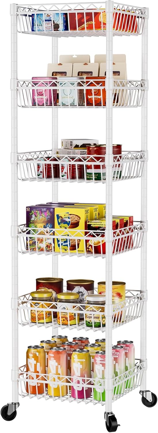 SINGAYE Shelf 6 Tier Wire Shelving Unit with Wheels Baskets Storage Rack Corner Shelves Adjustable Closet Bathroom Organizers Metal Pantry Kitchen Garage Laundry Room 13.5" D x 13.5" W x 63" H White