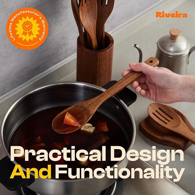 Riveira Teak Wooden Cooking Utensils Set of 3 Natural Teak Wooden Spoons & Spatula, Non-Toxic, Heat-Resistant, Scratch-Free for Non-Stick Cookware