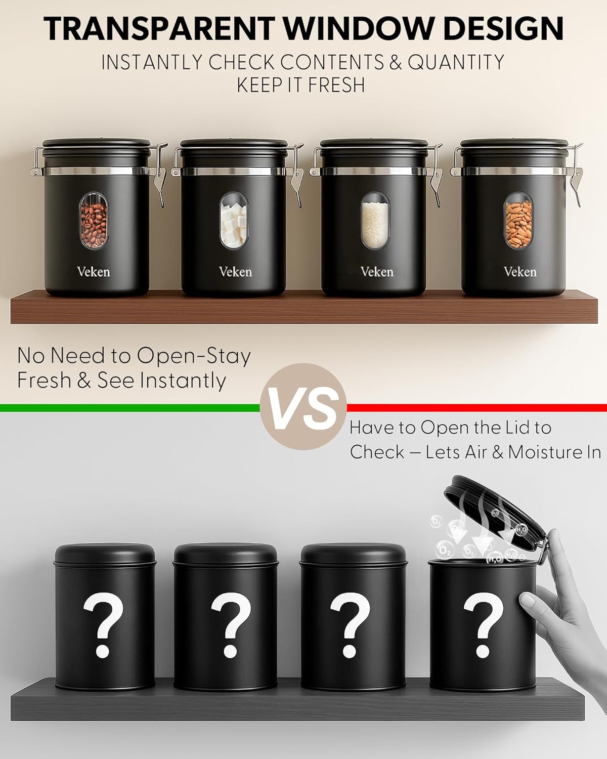 Veken Coffee Canister with Window,Airtight Stainless Steel Pantry Container,Home Kitchen Food Storage Organizers for Ground,Beans,Espresso,Rice,Tea,Sugar,Cereal, Flour,Bar Accessories,Gifts,22OZ,Black