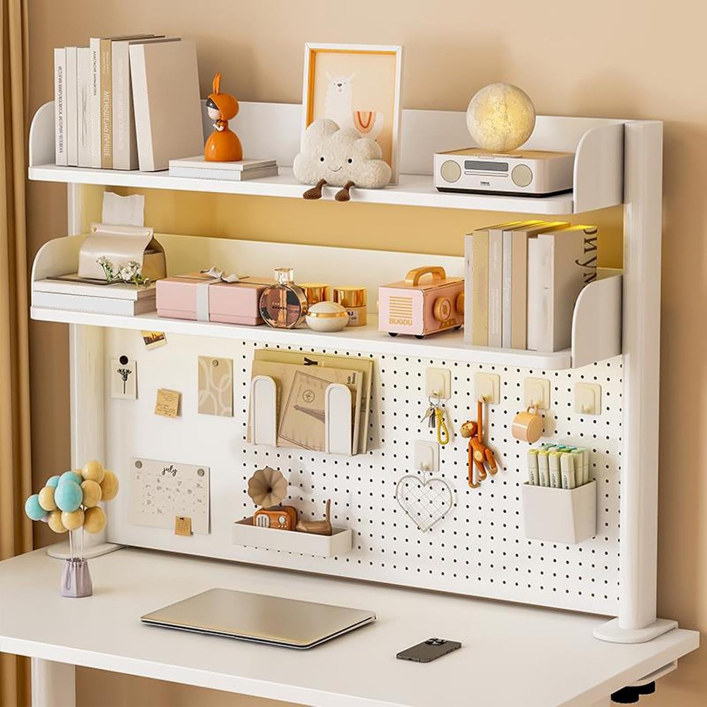 Clamp on Desk Shelf with Pegboard, Black Desktop Bookshelf Organizer Storage Shelves for Home Office Dorm Gaming Desk, Space Saving Tabletop Display Rack Organization (White, 31.4in)