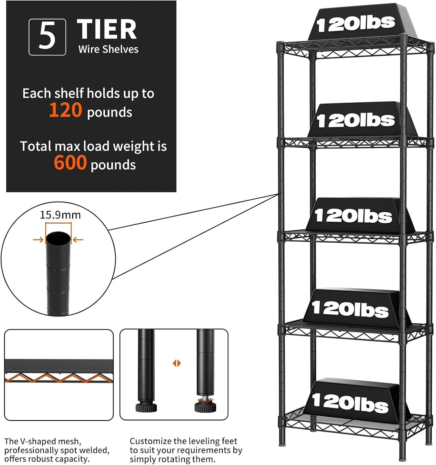 Small 5 tire Shelves Storage Wire Shelving Unit Metal Shelf Adjustable Organizers Storage Shelving for Bathroom Laundry Room Kitchen Pantry10”D x 16”W x 55”H Black