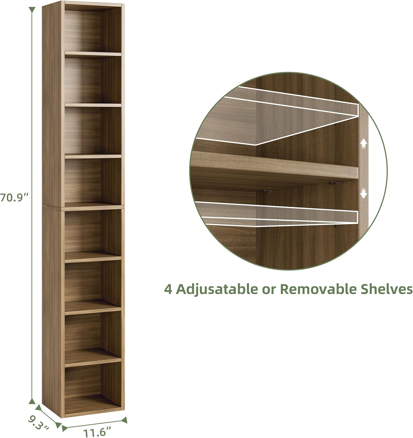 Bamjoy 71 Inches Tall Narrow Bookshelf, 8-Tier Slim CD DVD Media Shelf, Corner Bookcase with Adjustable Shelves, Cube Skinny Bookshelf for Home Office Small Space, Light Walnut