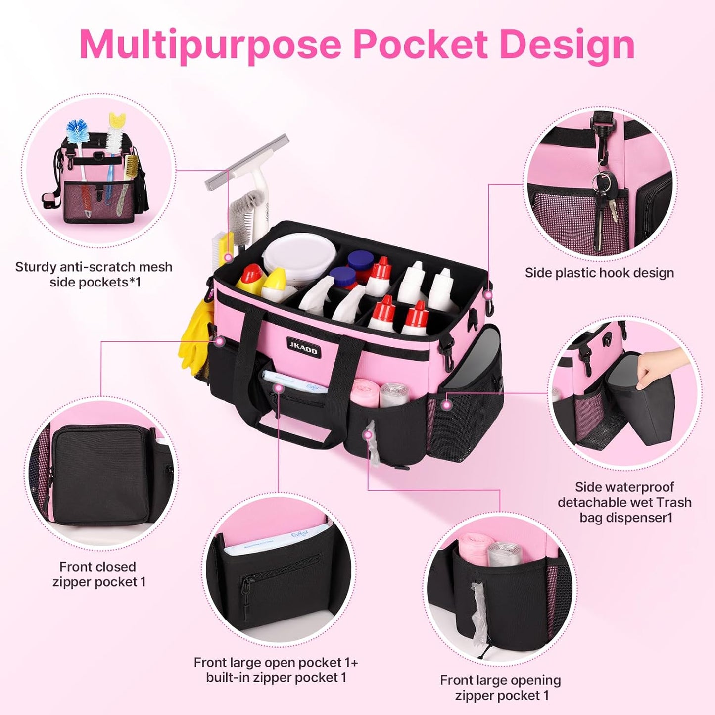 Large Wearable Cleaning Caddy Bags,Cleaning Supplies Storage Bag with Handles and Adjustable Shoulder Strap and Removable Waist Straps,Waterproof Cleaning Bags for Home,Car,Office (Pink)