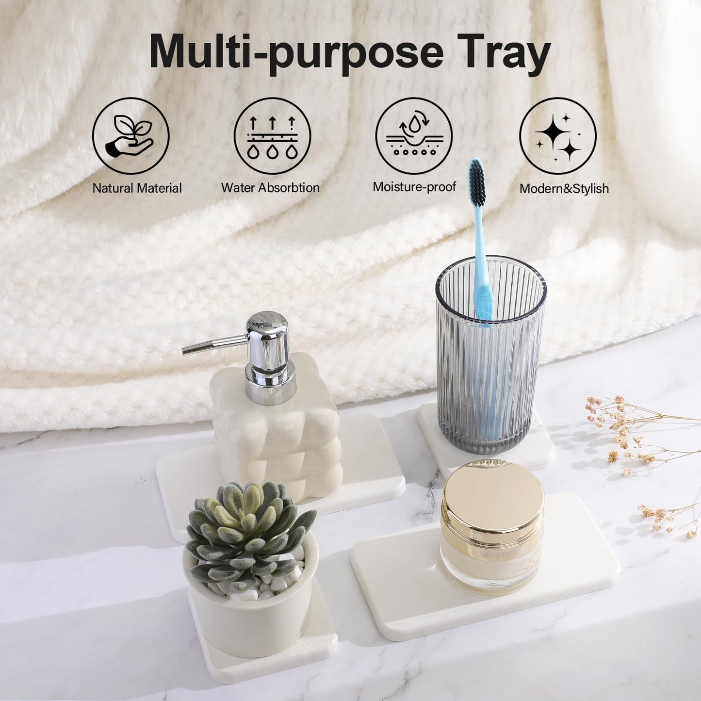 Water Absorbing Stone Tray for Sink | Quick Drying Diatomaceous Earth Coasters | Soap Dish Holder & Toothbrush Holder for Bathroom Counter | Hand Soap & Plant & Toiletries | White 4-Pack