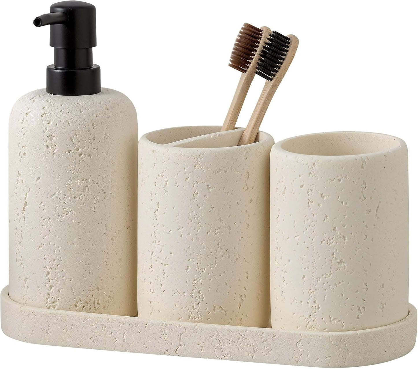 Bathroom Accessories Set, 4 Piece Travertine Stone Look Collection, Modern Bath Organizer with Soap Dispenser, Toothbrush Holder, Tumbler, Vanity Tray for Countertop Kitchen Sink (Off White)