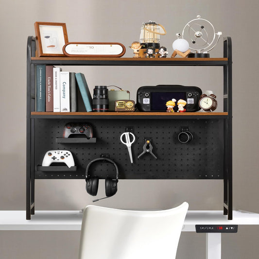 deli Desktop Bookshelf, Metal Desk Shelf Bookcase with Pegboard Hooks Set, 2 Tier Display Rack, Multipurpose Wood Desktop Hutch Storage Organizer for Dorm Office Home