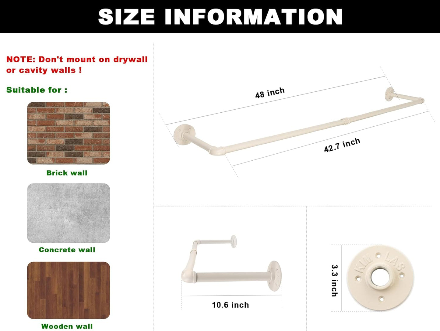 48" White Wall Mounted Clothes Rack, Industrial Pipe Iron Garment Bar, Heavy-Duty Detachable Clothing Rod, Multi-Purpose Metal Wall Display Hanging Pole for Closet Storage, Laundry Room 2 Base