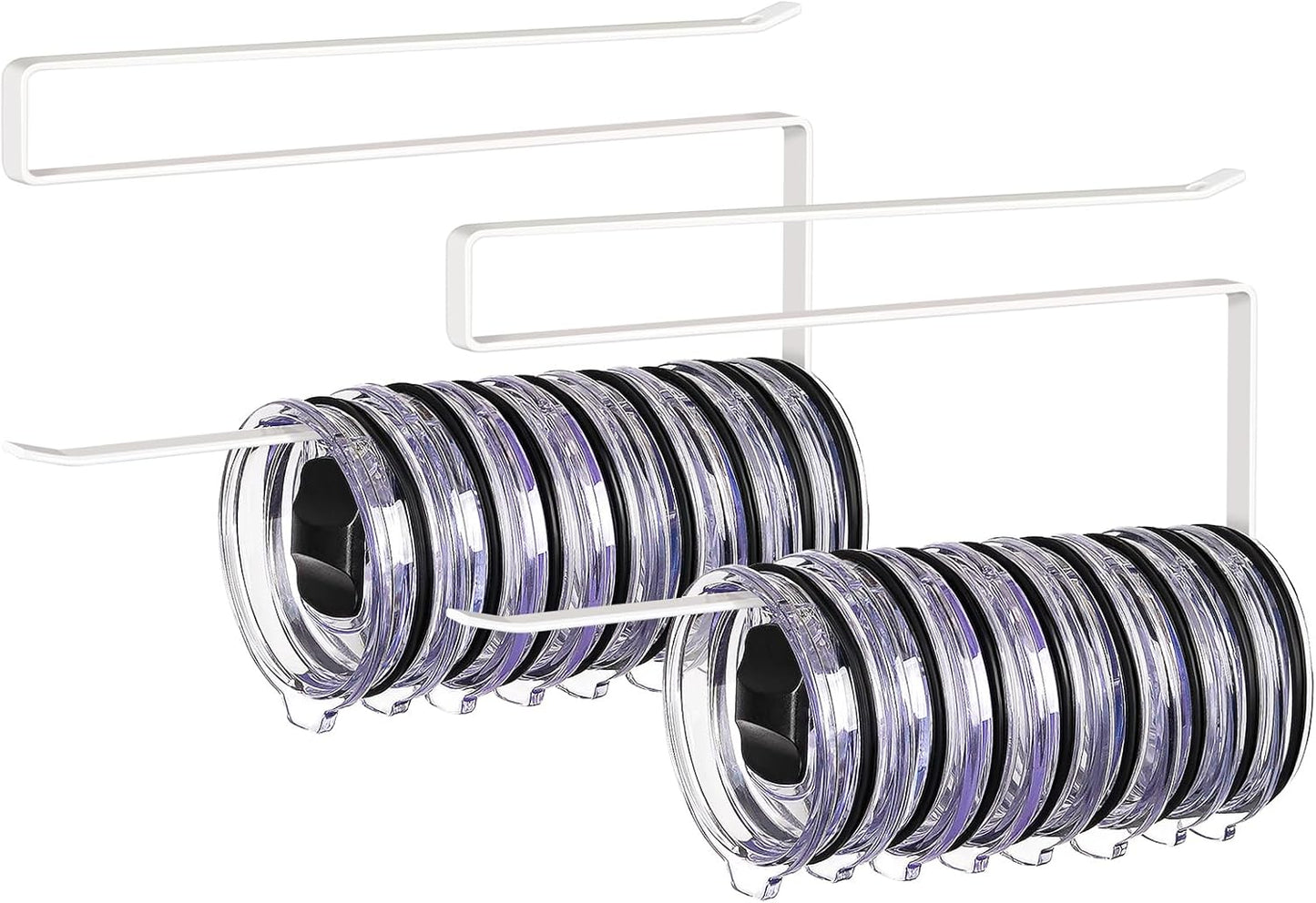 2 Pack Tumbler Lid Organizer, Horizontal Tumbler Lid Storage Hook to Hold Up 20 Lids, Space Saving Cup Lid Holders Under Cabinet Tumbler Lid Hook for Kitchen Organizer, Paper Towel Rack Hanger (White)