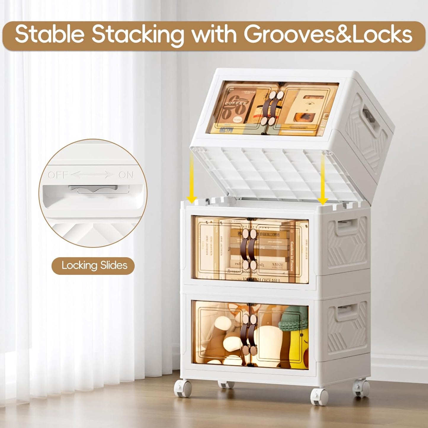 JEKO&JEKO 107Qt Stackable Storage Bins with Lids and Wheels, Foldable Collapsible Plastic Boxes for Clothes, Home, White, 3 Pack