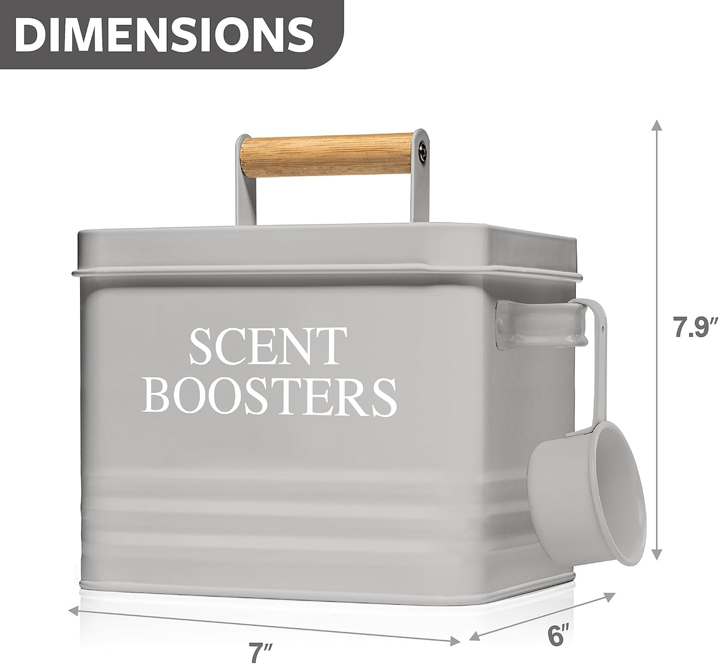 Calindiana Metal Laundry Holder, Grey, Modern Farmhouse Design, Scent Booster Beads Dispenser with Lid, Storage Container with Scoop & Handles, Space Saving Laundry Room Organization, 53 oz Capacity