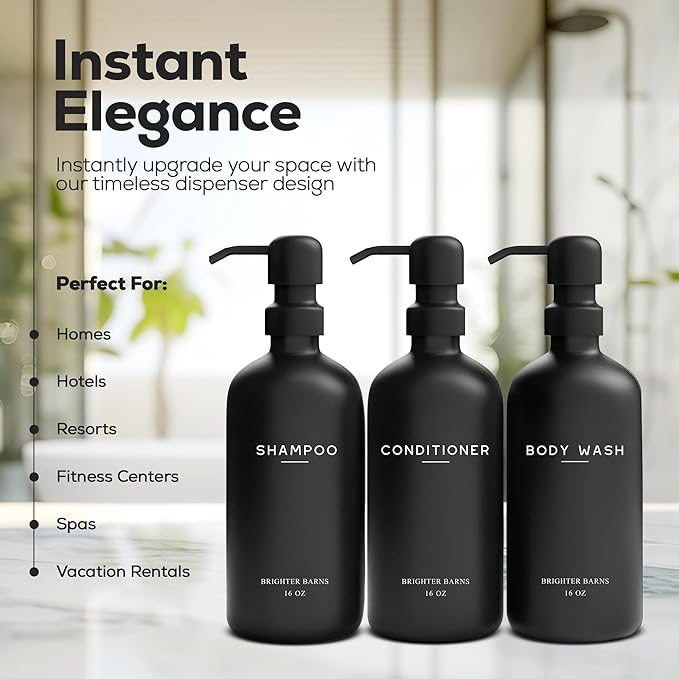 Black Shampoo and Conditioner Dispenser Set by Brighter Barns - Refillable Plastic Shower Soap Dispensers for Bathroom - Body Wash & Shampoo Bottles - Modern Bathroom Decor for Hotel, Airbnb (Black)