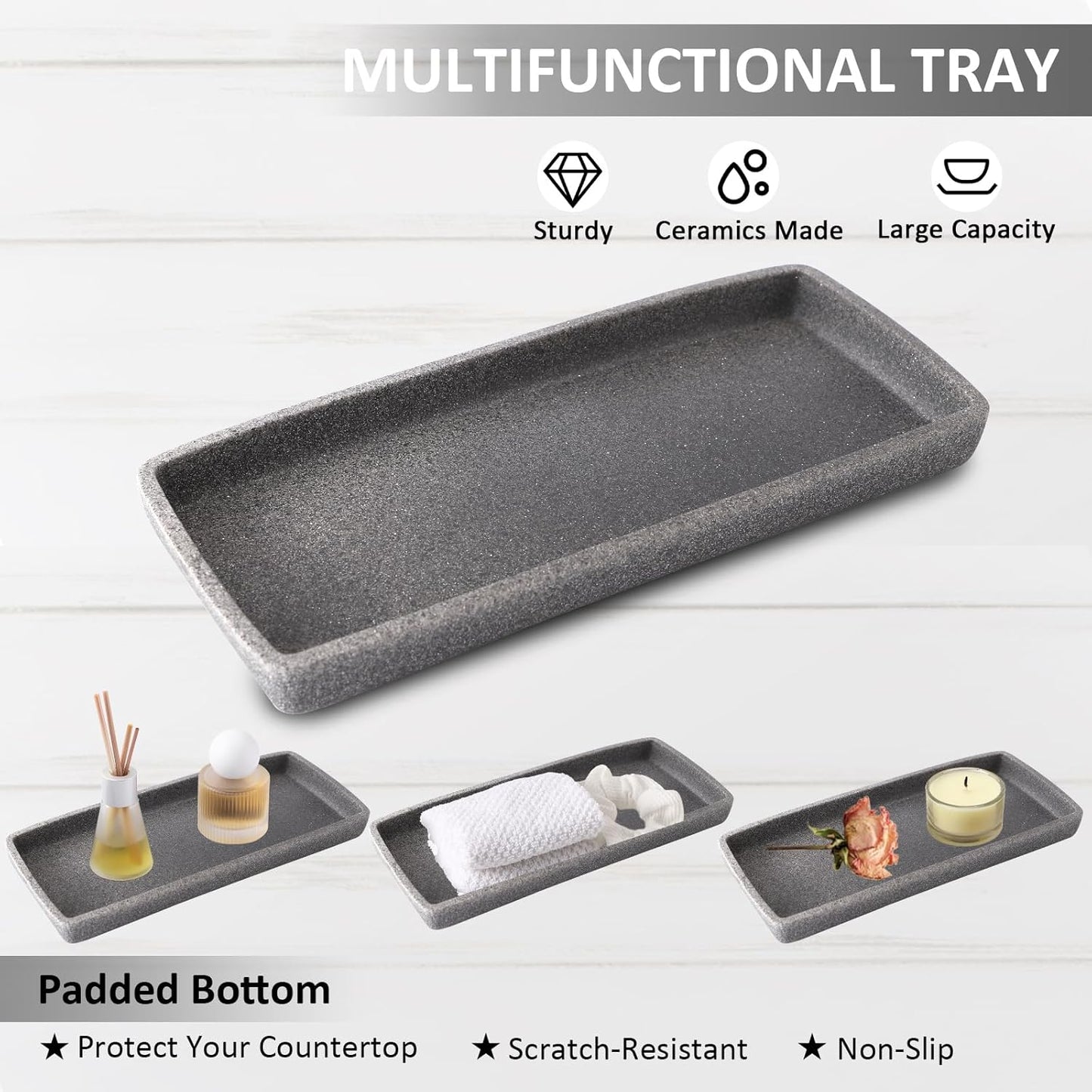 Resin 6 Pcs Gray Bathroom Set Complete with Toothbrush Holder, Lotion Soap Dispenser, 2 Qtip Holder Dispensers,Vanity Tray,Bathroom Tumbler - Countertop Vanity Organizer - Bathroom Accessories Set