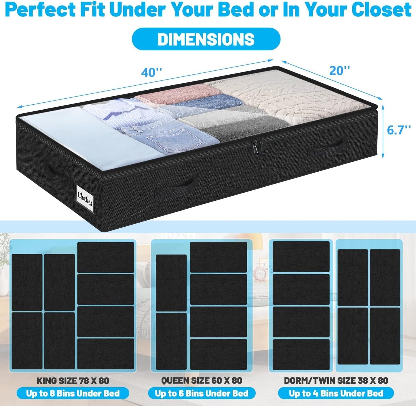 4 Pack 100L Under Bed Storage Containers, Low Profile Closet Organizers and Storage Bins for Dorm, Foldable Underbed Bag for Clothes, Blanket, Sheet, Wrapping Paper, Clear Window & Dual Zippers, Black