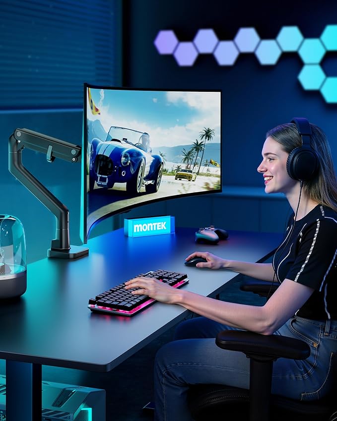 monTEK Heavy-Duty Monitor Arm for 17-57" Ultrawide Curved Screen, Supports up to 59.4 lbs, Adjustable Gas Spring Arm, 75/100 VESA Mount, Clamp & Grommet Desk Monitor Mount Single, Black