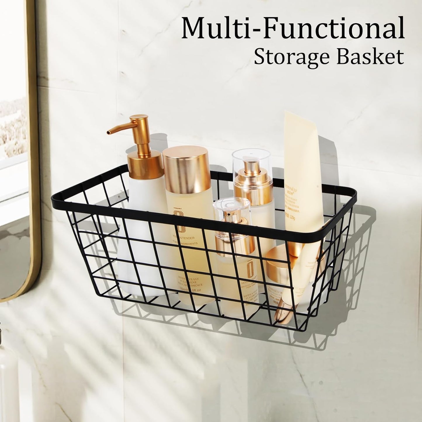 2 Pack Hanging Wall Basket Organizer Over the Cabinet Door Wire Baskets for Organizing -Space-Saving Hanging Baskets for Organizing Wall Mount Storage,No Drilling Adhesive Wall Storage Basket, Black