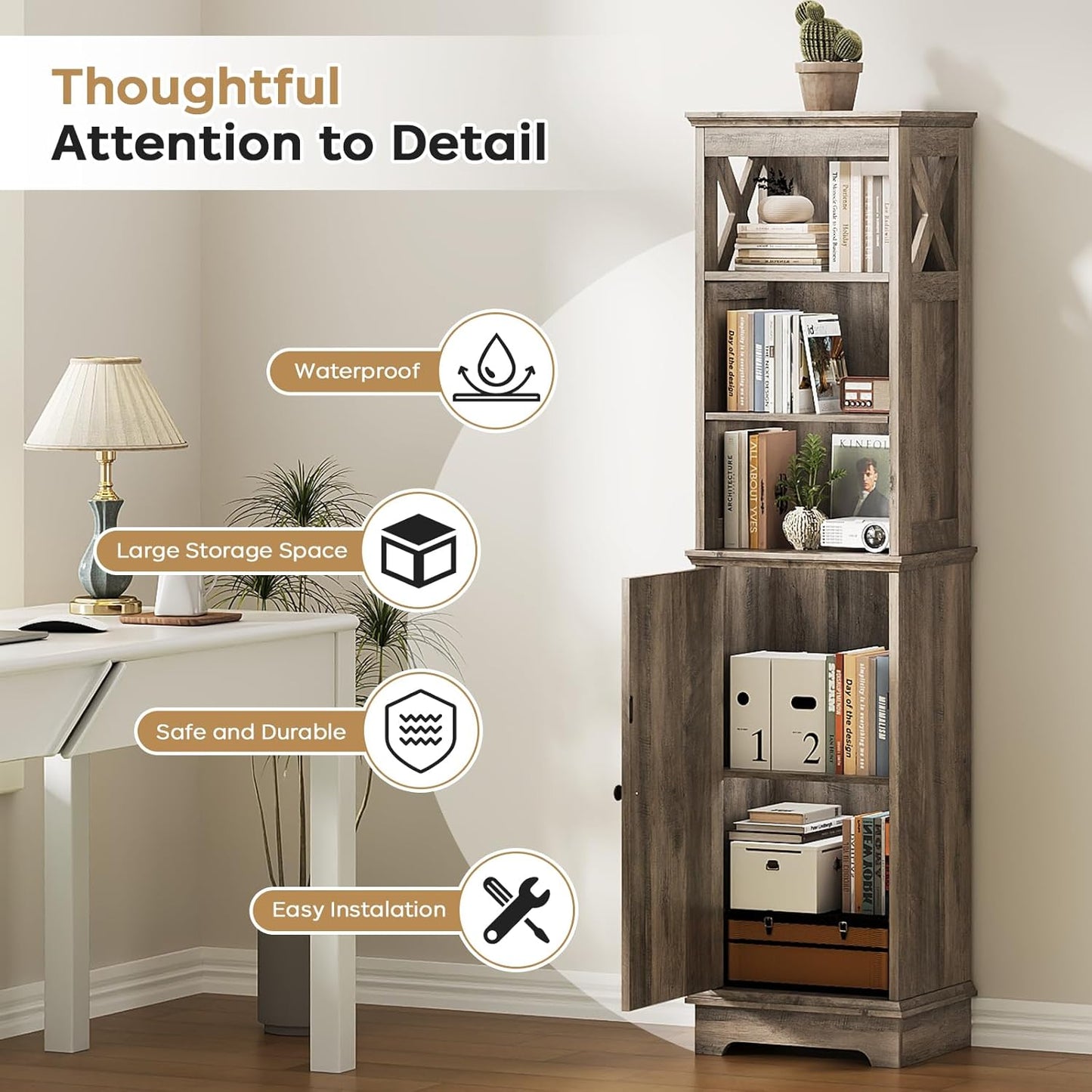 Farmhouse 60.9" H Tall Narrow Storage Cabinet with Door and Open Adjustable Shelves, Freestanding Organizer for Bathroom, Kitchen, Entryway, Wooden Tower Corner Cabinet, Grey